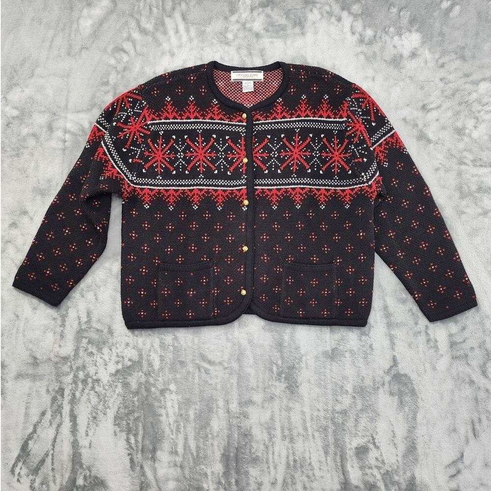 Vintage Crystal-Kobe Sweater Womens L PETITE Black Red Snowflake Cardigan Winter